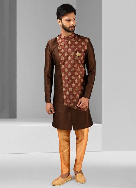 Brown Colour Excluisve Wear Art Silk Digital Print Kurta Pajama With Jacket Mens Collection 1437